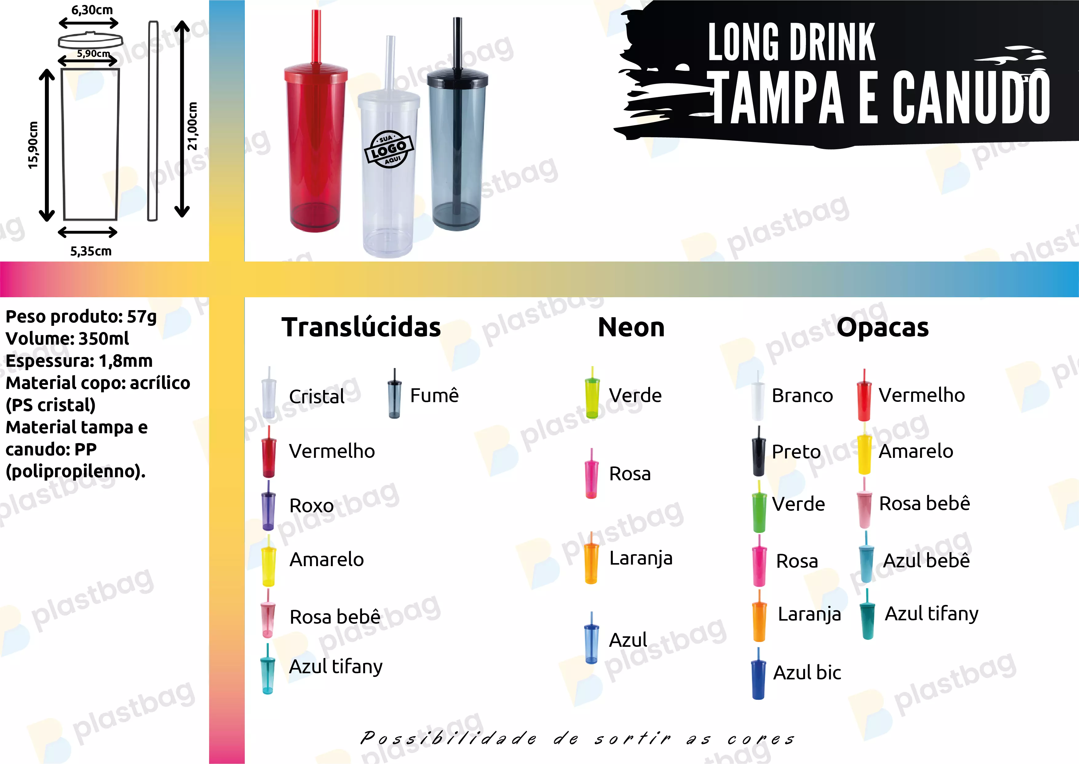 Copo Long Drink com Tampa e Canudo Personalizado