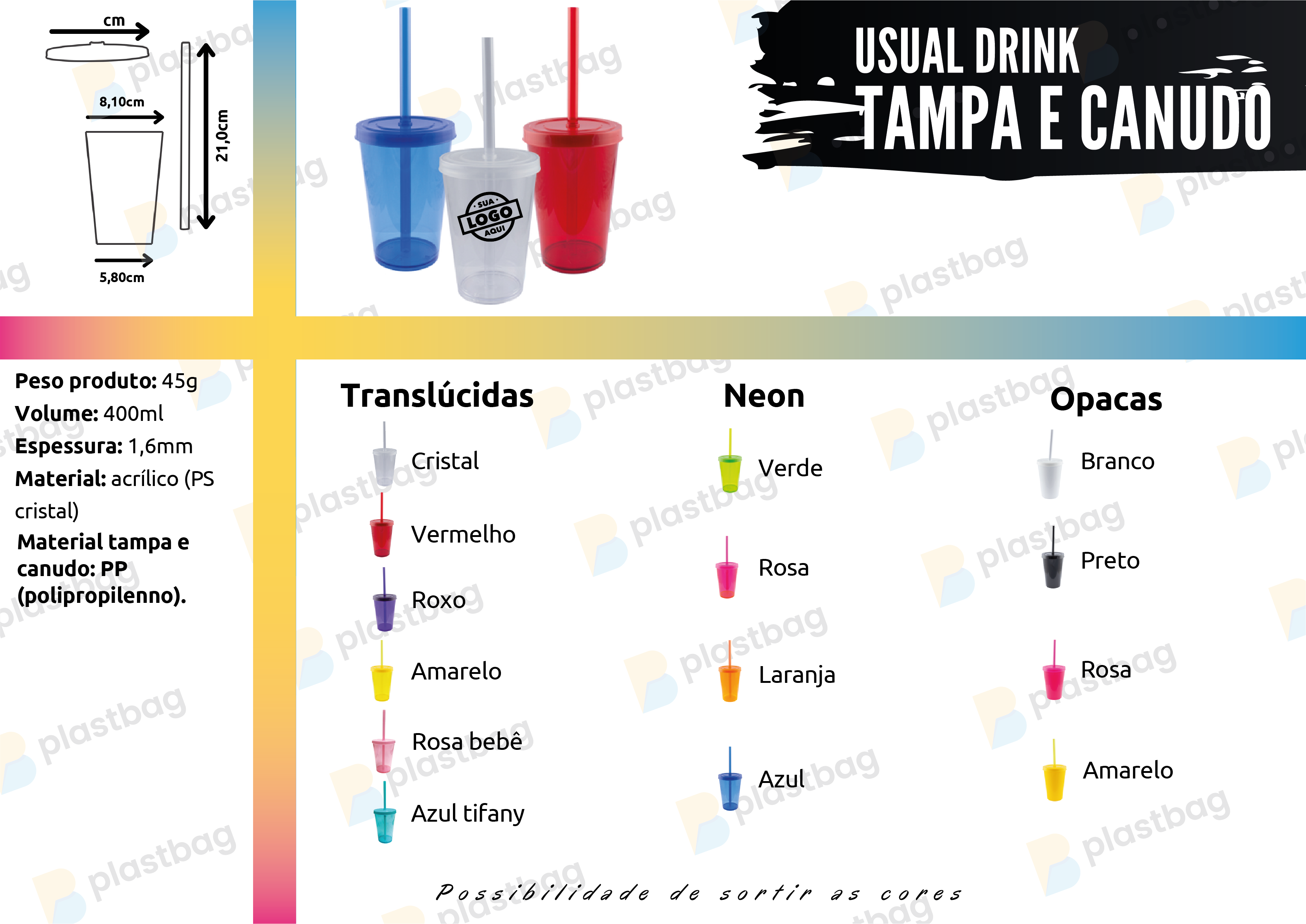 Copo Usual Drink com Tampa e Canudo Personalizado